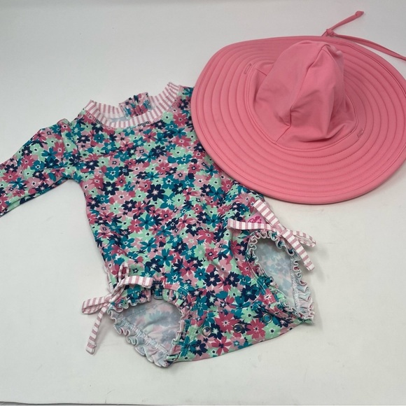Ruffle Butts Pink Sun Hat and Pink Floral Long Sleeve Swim Suit Infant Baby - Picture 1 of 13